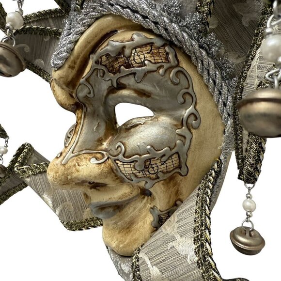 Jester Mask Venetian Style Masquerade Mardigras Wearable Golden Silver Brocade C - Picture 5 of 12